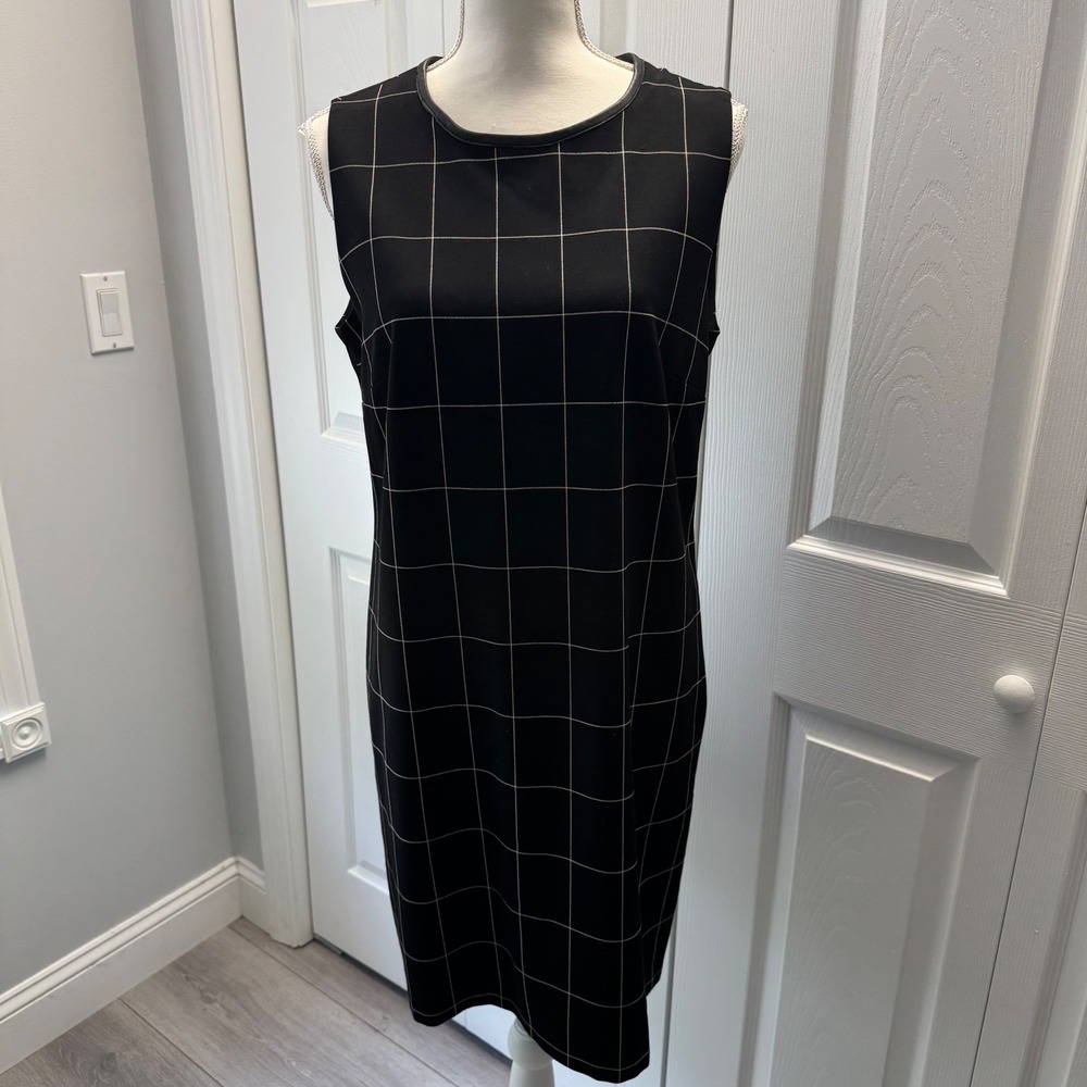 Lauren Ralph Lauren Black Windowpane Plaid Sheath Dress Leather Trim Size 10